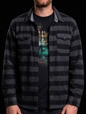O'Neill Men's XL Black & Grey Striped Heavyweight Cotton Button-Down Shirt
